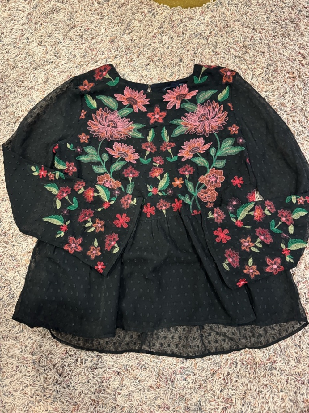 American Eagle Outfitters Black Floral Embroidered Peasant Blouse